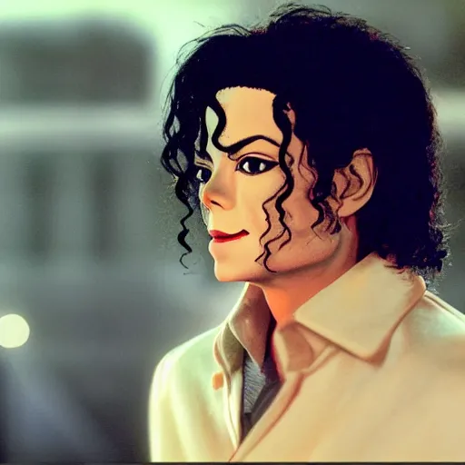 Image similar to a cinematic film still of Michael Jackson starring in an Anime, portrait, 40mm lens, shallow depth of field, close up, split lighting, cinematic