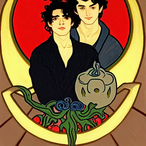 Image similar to painting of young cute handsome beautiful dark medium wavy hair man in his 2 0 s named shadow taehyung and cute handsome beautiful min - jun together at the halloween party, bubbling cauldron, candles, smoke, tarot, autumn colors, elegant, stylized, soft facial features, delicate facial features, art by alphonse mucha, vincent van gogh, egon schiele