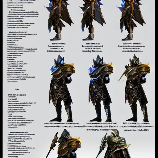 Prompt: RPG game character sheet for a character that looks like a knight, wearing armor, HDR, 4k, 8k, extremely detailed, final fantasy style, includes 4 different angles of the character