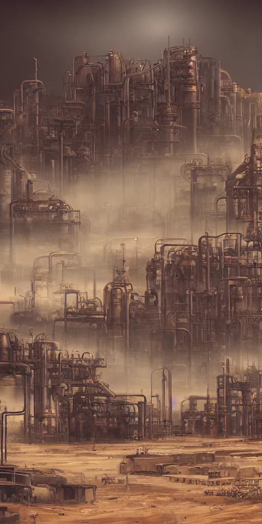 Prompt: large oil factory, dust storm, futuristic, desert, cyberpunk theme, high detail, art station