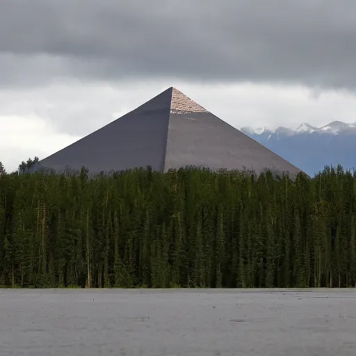 Prompt: a large taiga with a huge pyramid in it. snow capped mountains are in the background. overcast sky, snowing, grainy.