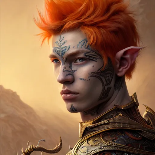 Image similar to portrait painting of an elven male teen with short light orange hair and tribal tattoos on his face wearing fur armor, ultra realistic, concept art, intricate details, eerie, highly detailed, photorealistic, octane render, 8 k, unreal engine. art by artgerm and greg rutkowski and charlie bowater and magali villeneuve and alphonse mucha