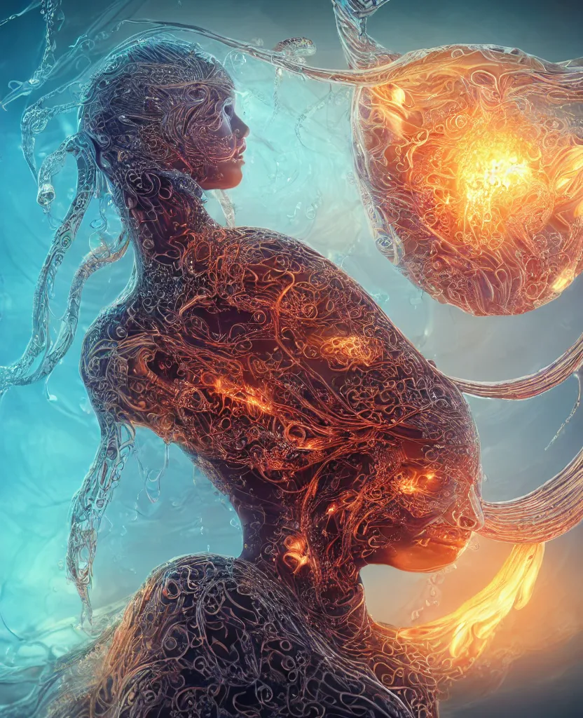 Image similar to close-up macro portrait of the face of a beautiful princess, epic angle and pose, symmetrical artwork, 3d with depth of field, blurred background, cybernetic jellyfish female face skull phoenix bird, translucent, nautilus, energy flows of water and fire. a highly detailed epic cinematic concept art CG render. made in Maya, Blender and Photoshop, octane render, excellent composition, cinematic dystopian brutalist atmosphere, dynamic dramatic cinematic lighting, aesthetic, very inspirational, arthouse. y Greg Rutkowski, Ilya Kuvshinov, WLOP, Stanley Artgerm Lau, Ruan Jia and Fenghua Zhong