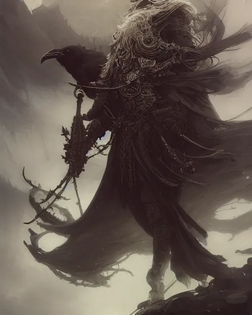 Prompt: powerful bard. rugged, tired, ornate, translucent, crow. male portrait, elden ring, d & d, heavy robe, detailed environment, ominous. highly detailed fantasy art by rossdraws, ruan jia, peter mohrbacher, thomas kinkade, karl spitzweg. unreal engine 5, sharp focus, award winning, cool white