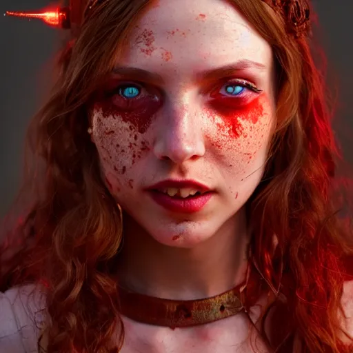 Prompt: a very beautiful 3d scarlet witch, long hair, hazel eyes, cute freckles, full round face, short smile, golden hour, post apocalyptic setting, medium shot, mid-shot, highly detailed, trending on Artstation, Unreal Engine 4k