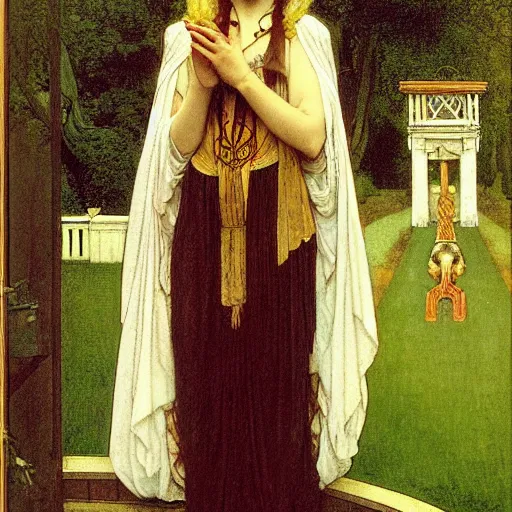 Image similar to A girl with on the front of a Balustrade porch with a hedge maze on the background, major arcana occult clothes, by paul delaroche, alphonse mucha and arnold böcklin arnold böcklin hyperrealistic 8k, very detailed