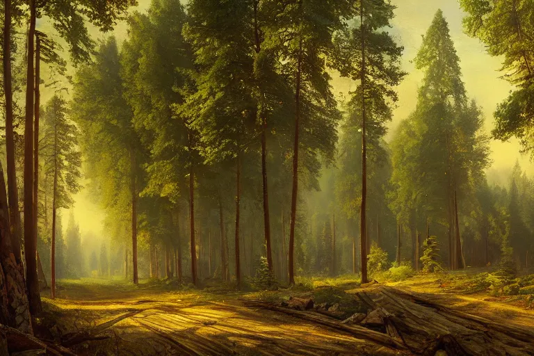 Image similar to A beautiful painting of russian village in dark forest by ivan shishkin and arkhip kuindji, trending on artstation,matte painting