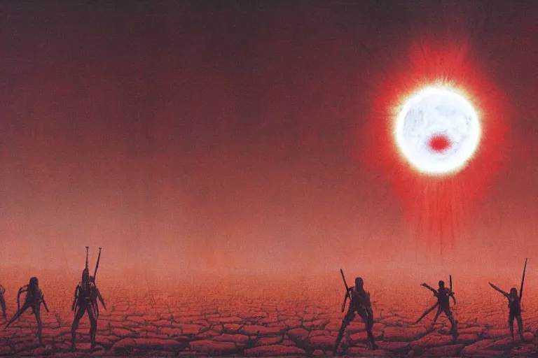 Prompt: band of warrior activate behelit in the middle of eclipse, human sacrifice ,dark sky, red cloud, sea of blood, beksinski