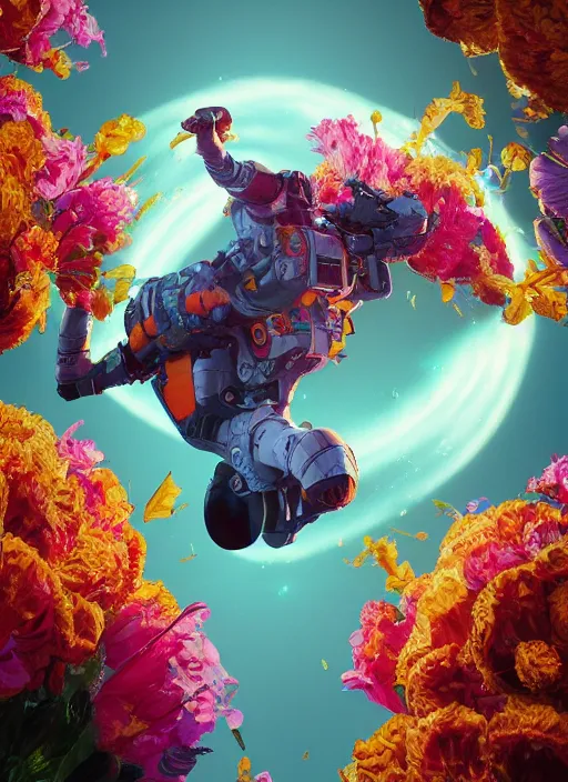 Image similar to An epic fantastic realism comic book style painting of the most beautiful flowers launched into space, bouquets, fisheye lens, unreal 5, DAZ, hyperrealistic, octane render, dynamic lighting