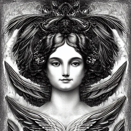 Prompt: !dream goddess of beauty, feathered wings, humanoid face, symmetrical face,, digital art in the style of gustave dore