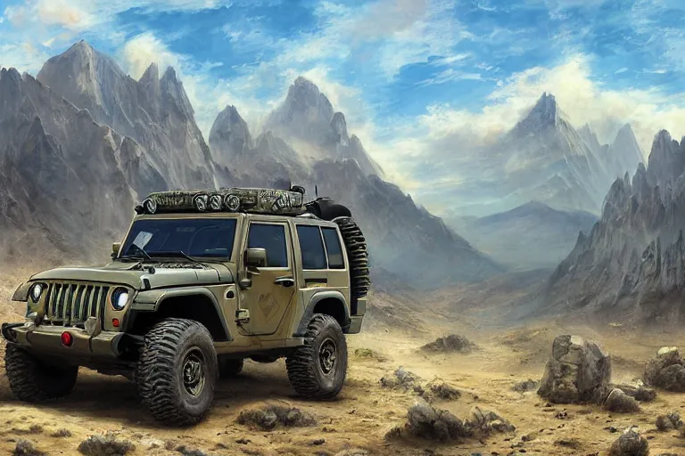 Prompt: a futurisitic well designed military vehicle by jeep and honda and lamborghini and boeing, military design, mountains in the distance, day, blue sky, sprong season, painting by asher brown durand and star wars movie, ultra mega detailed, beautiful realistic photo, professional photography, perfect