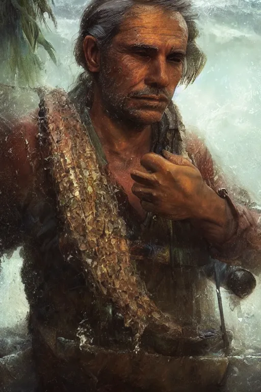 Image similar to Atlantis fisherman, close-up portrait, poor, intricate, elegant, volumetric lighting, scenery, digital painting, highly detailed, artstation, sharp focus, illustration, concept art,ruan jia, steve mccurry