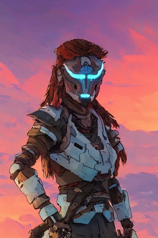 Image similar to combination suit armor aloy horizon forbidden west horizon zero dawn robot ninja mask helmet backpack tribal, art gta 5 comics, official fanart behance hd artstation by jesper ejsing, by rhads, makoto shinkai and lois van baarle, ilya kuvshinov, ossdraws radiating a glowing aura cgi rtx 2 0 2 2