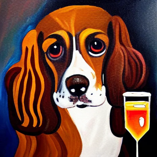 Prompt: a painting of a spaniel at the bar with a Martini, style mila furstova, light effect