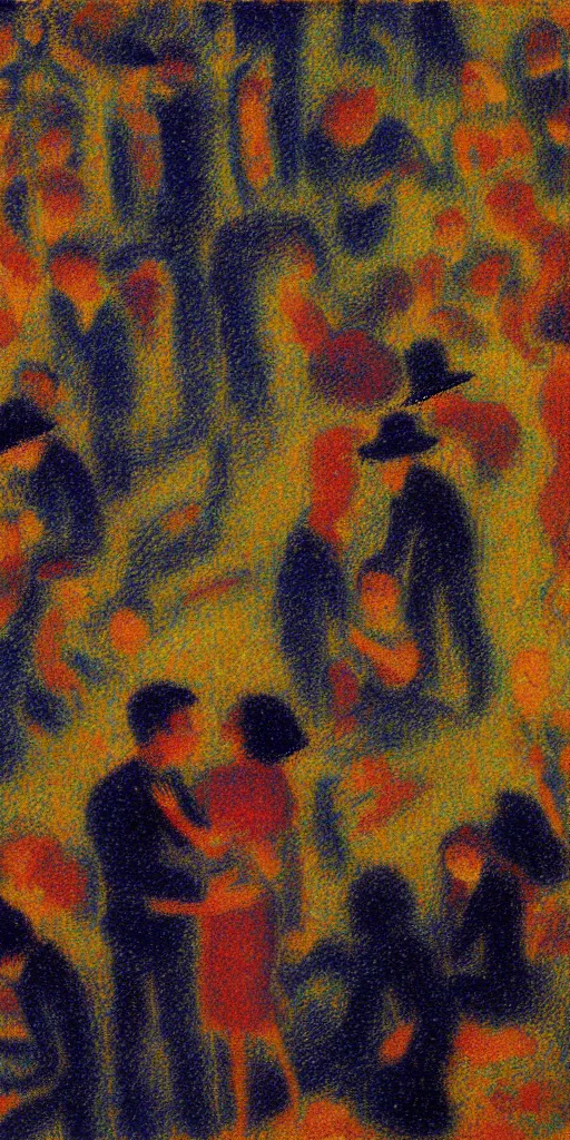 Image similar to a film still of enter the void by gaspar noe movie, painted by georges seurat, impressionism, pointillism, detailed!, witches, mansion,
