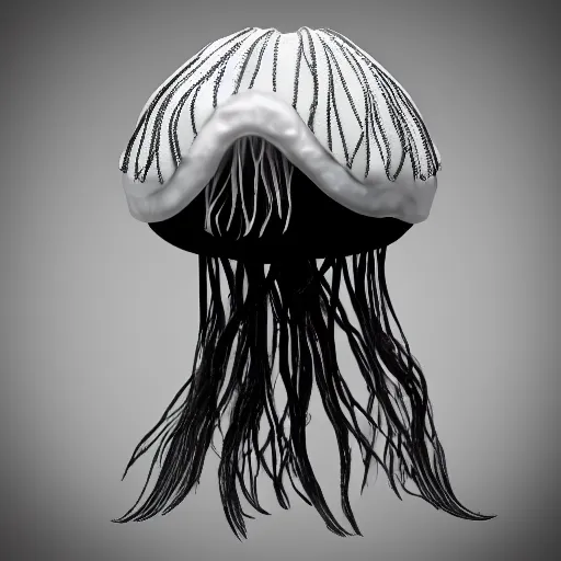 Image similar to cute fumo plush of a vantablack jellyfish girl with hundreds of tendrils, vray, black and white