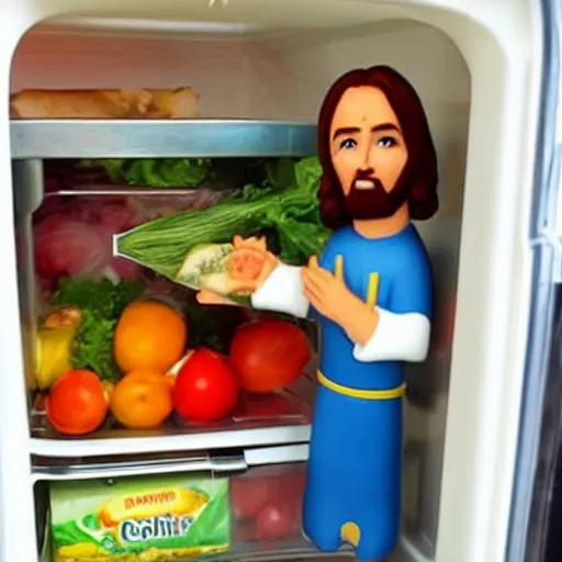 Prompt: Jesus hiding in the fridge, judging your eating habits