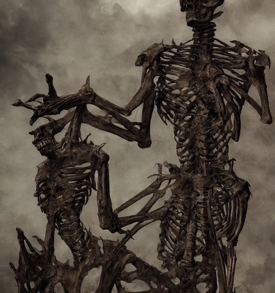 Prompt: closeup concept art of a medieval skeletal figure with skeletal features and long iron spikes, art by HR Giger and Phil Hale, sculpture by Hedi Xandt, dynamic composition, highly detailed, artstation, octane rendering, wayne barlowe, dimly lit in dense fog above lava fields,