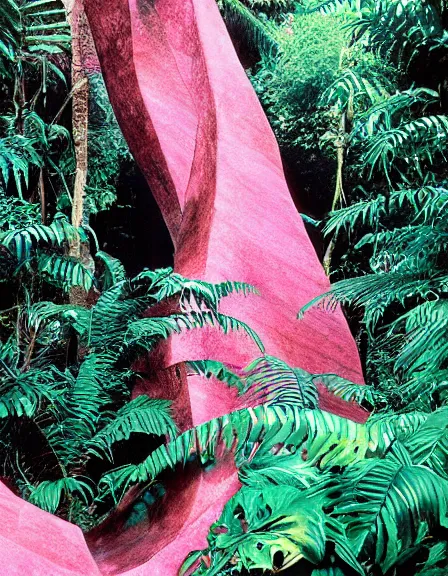 Prompt: vintage color photo of a giant 1 1 0 million years old abstract sculpture made of liquid pink gold covered by the jungle vines