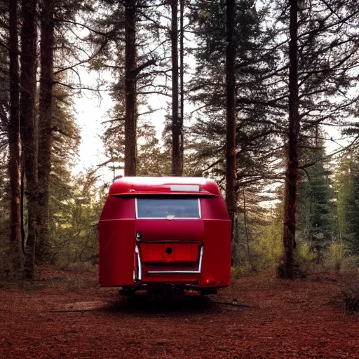 Prompt: a metal camper in a forest clearing, pillar of red light visible in background