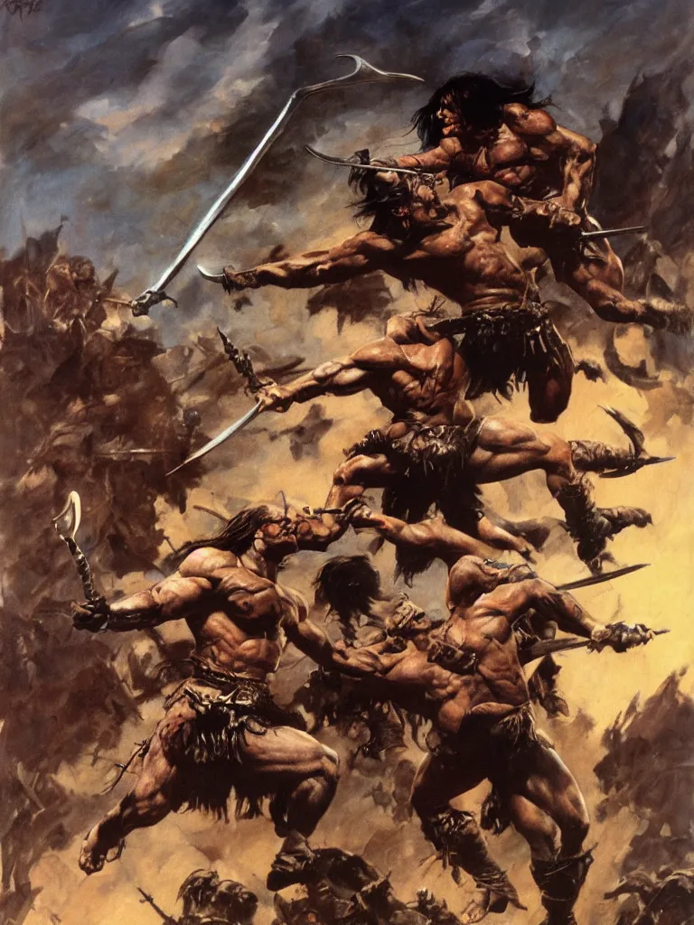 Image similar to Conan the Barbarian in battle by Frank Frazetta, oil painting, detailed, proportional, trending on art station, 4k