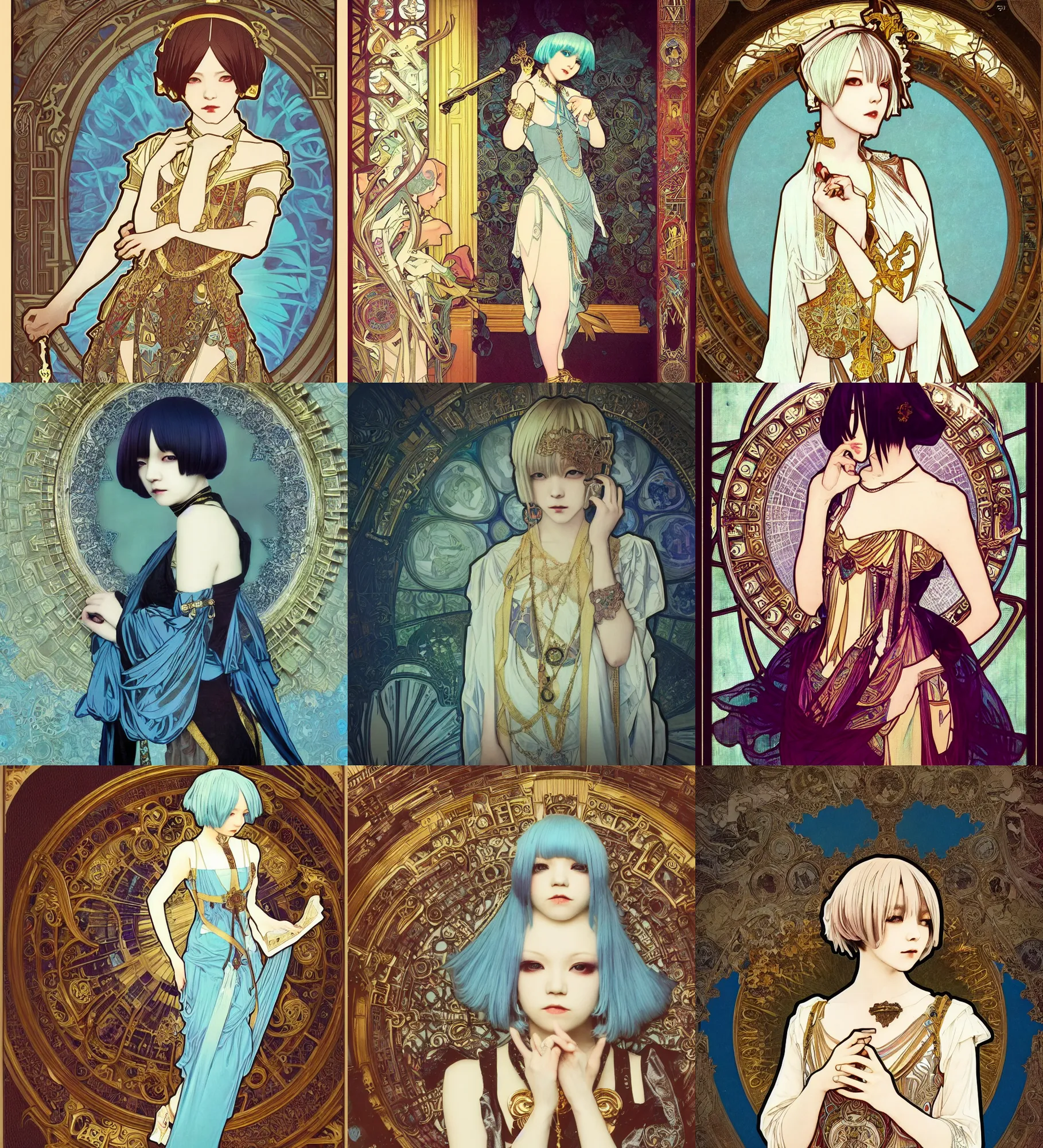 Prompt: lomography, full body portrait photo of women like reol wearing magical artifacts designed by alphonse mucha, in a ornate library, open books, moody, realistic, dark, skin tinted a warm tone, light blue filter, hdr, rounded eyes, detailed facial features, gold black