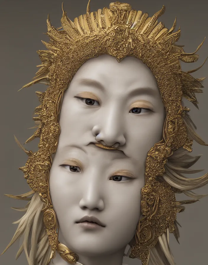 Image similar to hyper realistic portrait photo of ameterasu the sun goddess of japan, portrait shot, porcelain white face, intricate detail, octane render