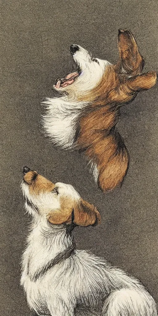 Prompt: jack russel dog looking up and howling with mouth open sad, highly detailed, side view, illustrated by peggy fortnum and beatrix potter and sir john tenniel