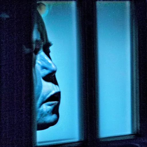 Prompt: dark photo of dark blue rainy bedroom window at night, dimly lit creepy ( ( ( ( ( contorted distorted ) ) ) ) ) screaming face of elon musk staring in through the window, horror, scary face, demonic face,