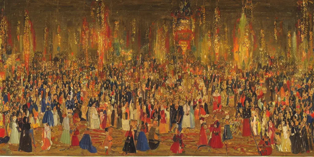 Prompt: night ceremony in the palace, crowd, happy faces, lanterns, detailed, oil - paint