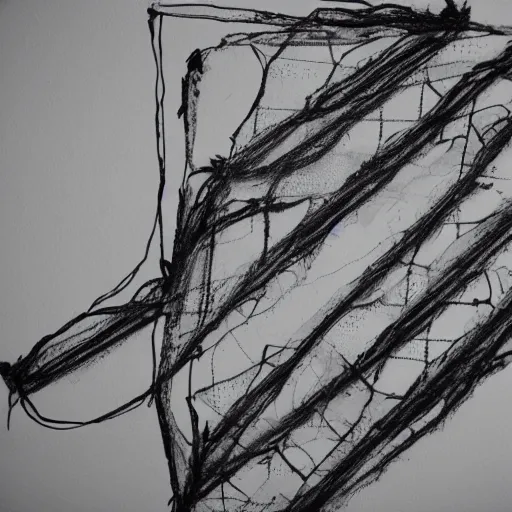 Image similar to ripped and torn mesh, drawn with a black liner on white paper