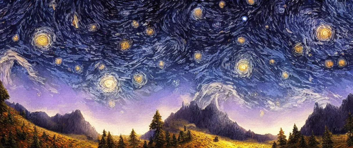 Image similar to digital painting of a ultra detailed starry night, Perseides meteor shower, ultra detailed hill top over behind a forest, large mountains in back, concept art, low angle, high detail, warm lighting, volumetric, godrays, vivid, beautiful, trending on artstation, by Jordan Grimmer, no focus, huge scene, ultra detailed trees, F11 aperture, levitating Buddhist monk dressed in yellow garment silhouette, in the style of ALBERT BIERSTADT