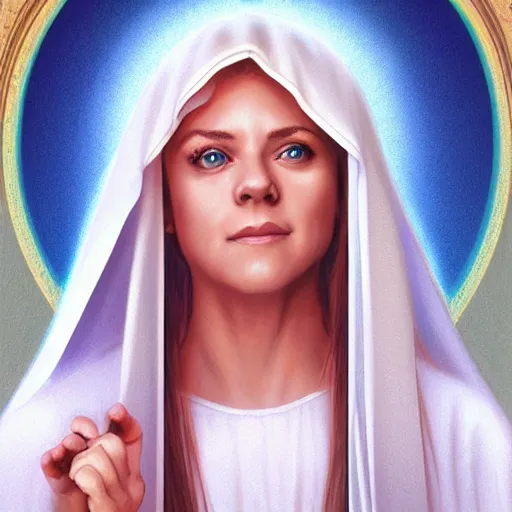 Image similar to melissa joan hart as virgin mary, digital illustration, by artgerm and greg rutkowski,