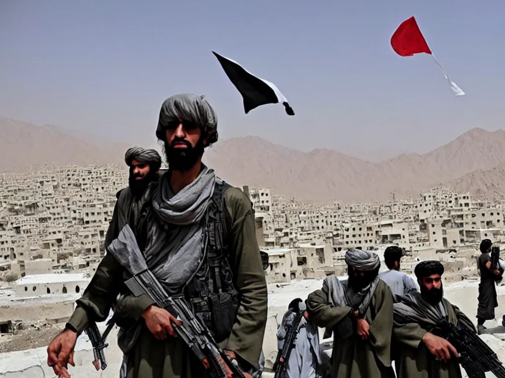 Prompt: the white flag with its black arabic lettering flies everywhere in kabul. the symbol of the taliban's triumph flutters on the american humvees in which long - haired fighters cruise around sporting purloined oakley sunglasses and m 1 6 rifles ; above