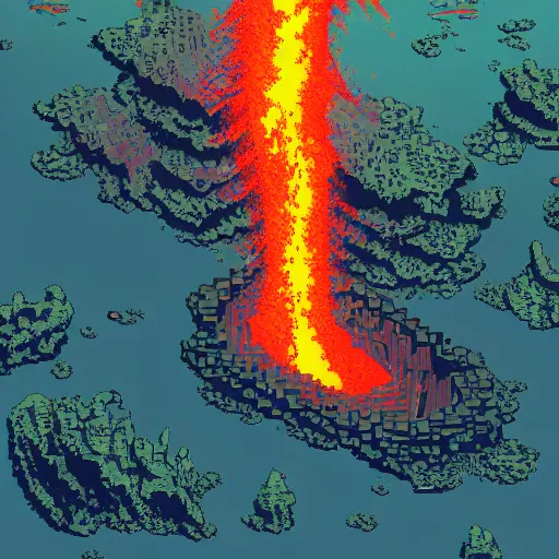 Image similar to lava raining down from sky onto ocean, beautiful detailed pixel art, intricate details, beautiful, dithered gradients, volumetric lighting, cgsociety, artstation, smooth, sharp focus, 2 d illustration, old school computer game graphics, crpg, d & d, pixel art