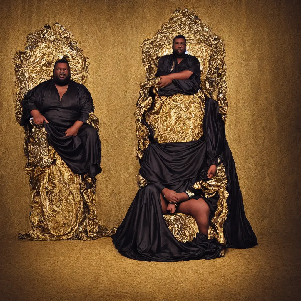 Image similar to Large black man sitting on throne wrapped in silk, background made of large folding curtains, dimly lit, dark, blacklight photography