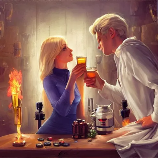 Image similar to blonde woman and Boba Fett drinking beer in a cellar, romantic, cozy, inviting, love, torches, painting by Vladimir Volegov