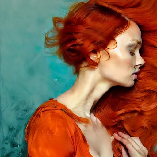 Prompt: hyper realistic painting portrait of a redhead girl with flowing curls and closed eyes, orange subject and turquoise background, hyper detailed face by stjepan sejic, by norman rockwell, by michael hussar, by roberto ferri, by ruan jia, textured turquoise background