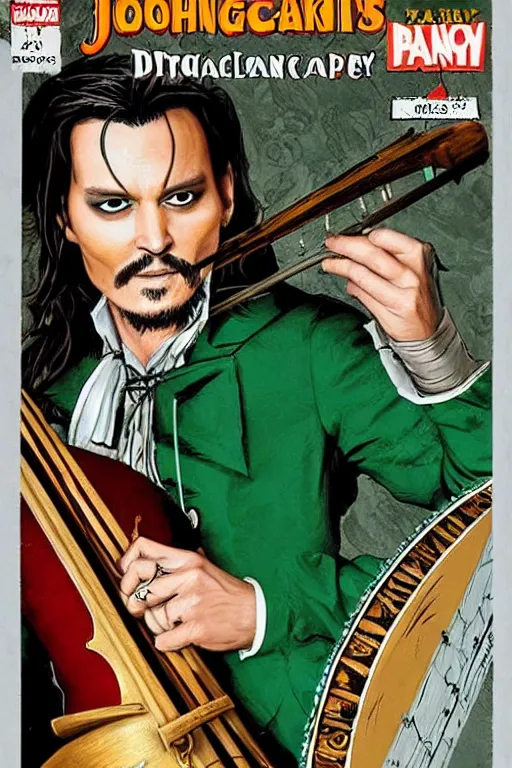 Image similar to Breathtaking comic book style of Johny Depp portrayed as a Dungeons and Dragons bard, playing the lute and wearing a pale green jacket in the style of Ralph Dorsey