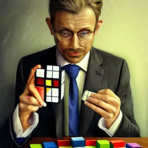 Prompt: hyper - realistic hyper - detailed fine painting of a man wearing a suit and with a rubik's cube head, ultra - realistic detailed surrealism, magical realism