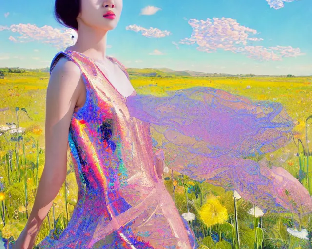 Prompt: lee jin - eun in elegant chic holographic dress emerging from gold gold by martine johanna, michael garmash and katsuhiro otomo, rule of thirds, seductive look, beautiful, cotton candy clouds, puyallup berteronian, himalayan poppy flowers, sea holly flowers, gorgeous
