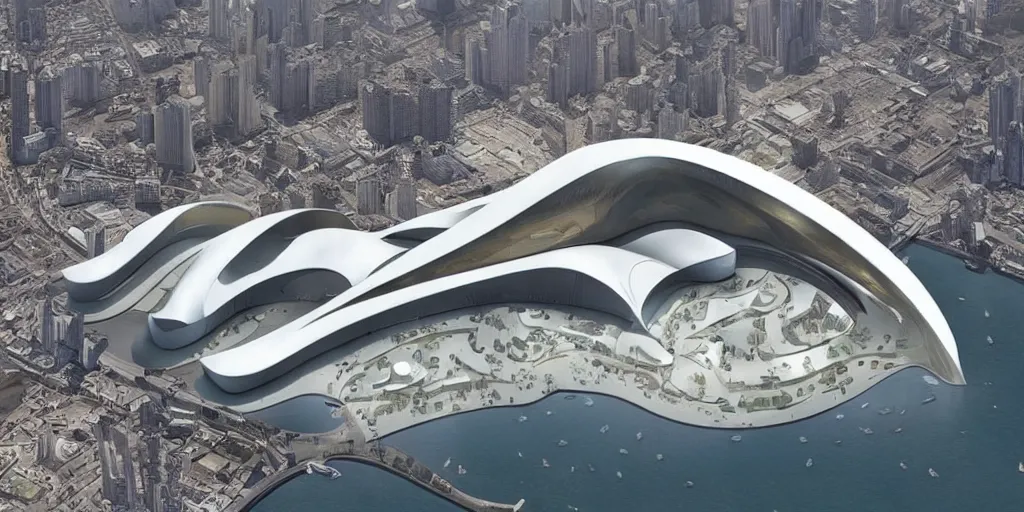 Image similar to mosque floating spaceship by zaha hadid, golds fantasy world