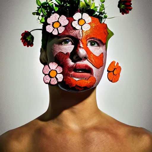 Prompt: portrait of Leather Face with flowers, cinematic light, cinematic atmosphere