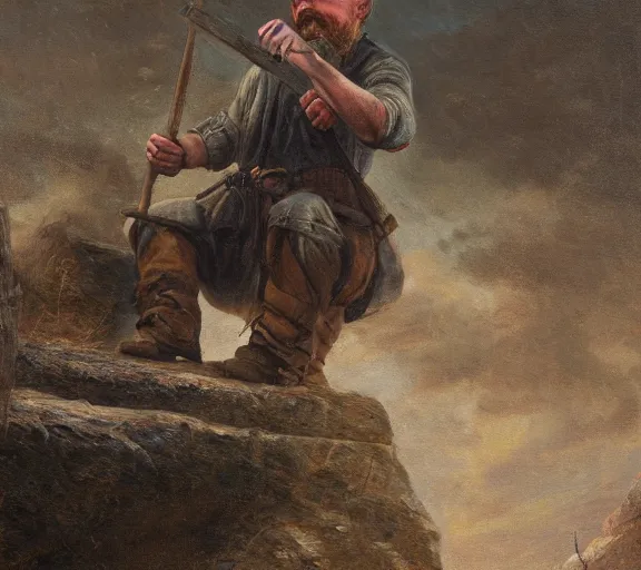 Image similar to landscape portrait of tyler childers working on a building out of hand hewn brimstone, all alone by william sidney mount, trending on artstation