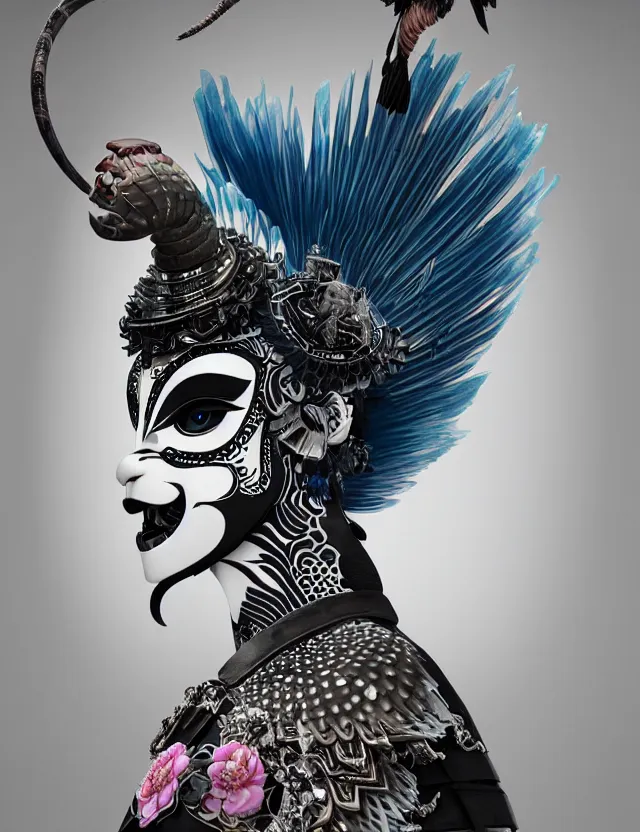 Image similar to 3 d goddess close - up profile portrait punk with mohawk with ram skull. beautiful intricately detailed japanese crow kitsune mask and clasical japanese kimono. betta fish, jellyfish phoenix, bio luminescent, plasma, ice, water, wind, creature, artwork by tooth wu and wlop and beeple and greg rutkowski