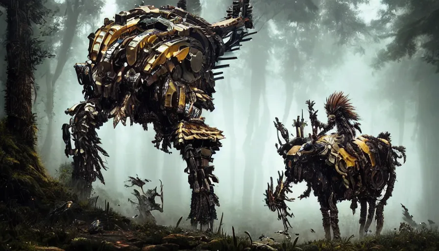 Image similar to walking animal mech covered in gold and silver armor with horizon zero dawn and elden ring aesthetic, covered in moss and birds, glowing lights, beautiful forests and trees, intricate detail, cinematic, dramatic lighting, art by darek zabrocki and John Park and Feng Zhu and Jason Chan, trending on artstation, masterpiece.