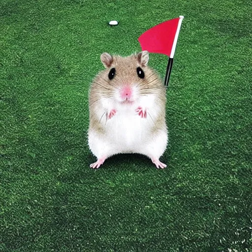Prompt: “ hamster coming out of a golf hole, golf flag next to the hole, golf terrain ”