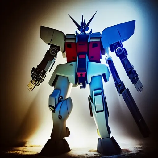 Image similar to “A wide shot of a gigantic Gundam in an urban city, dreamcore aesthetic, taken with a Pentax K1000, Softbox Lighting, 85mm Lens”