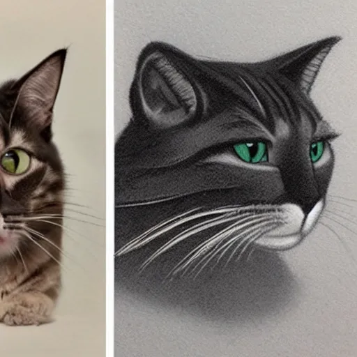 Prompt: the exact same cat on the top as a sketch on the bottom
