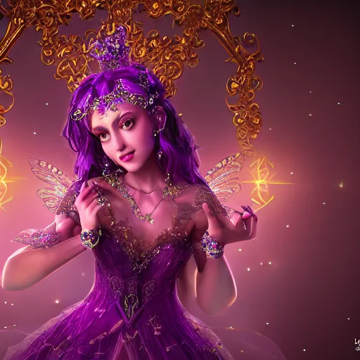 Image similar to portrait princess of amethyst, glowing, ornate and intricate purple jewelry, jaw dropping beauty, glowing background lighting, purple accent lighting, hyper detailed, fairy tale, 4 k octane render